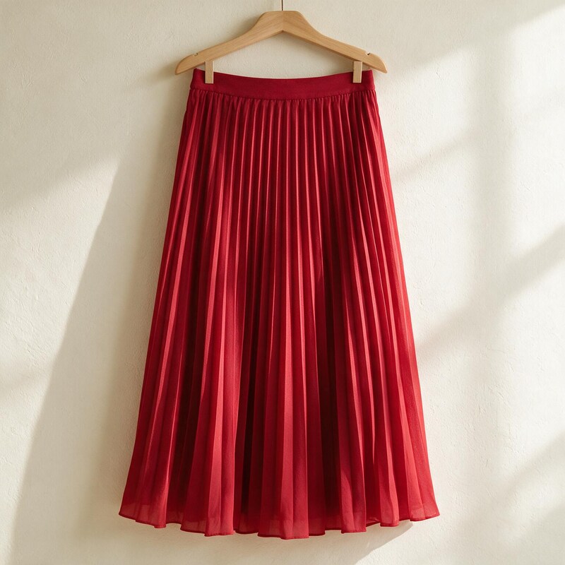Lucy Melbourne pleated midi skirt in Red – hanging on a wooden hanger
