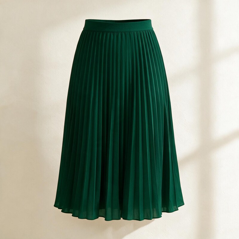 Lucy Melbourne pleated midi skirt in Dark Green – front view, ghost mannequin
