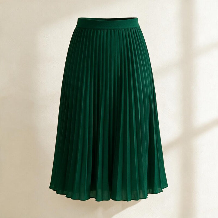 Lucy Melbourne pleated midi skirt in Dark Green – front view, ghost mannequin