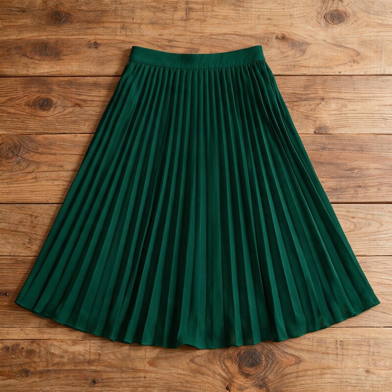 Lucy Melbourne pleated midi skirt in Dark Green – flat lay, pleats visible from above