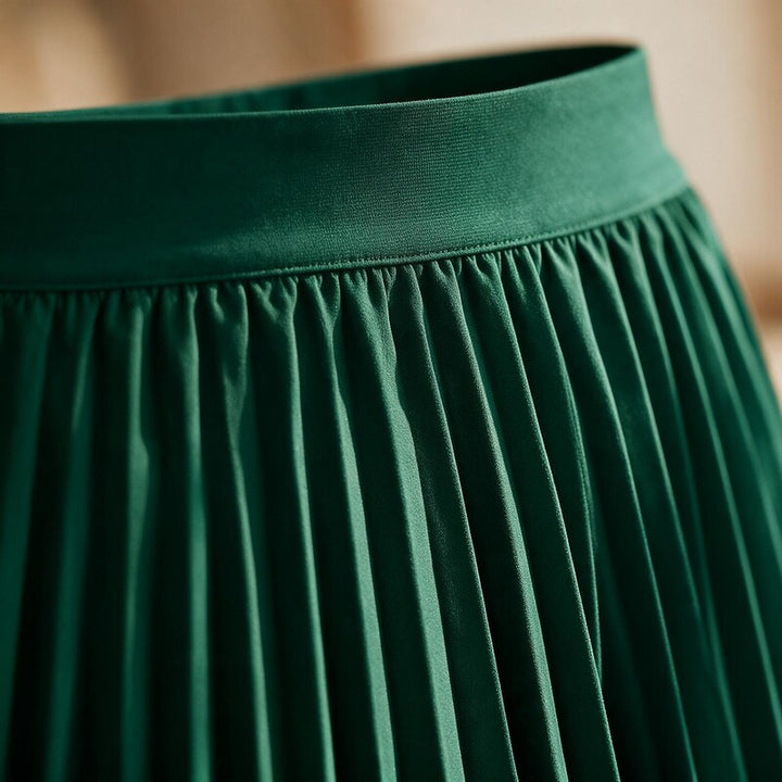Lucy Melbourne pleated midi skirt in Dark Green – close-up detail of waistband and pleats