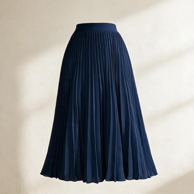 Lucy Melbourne pleated midi skirt in Navy – front view, ghost mannequin