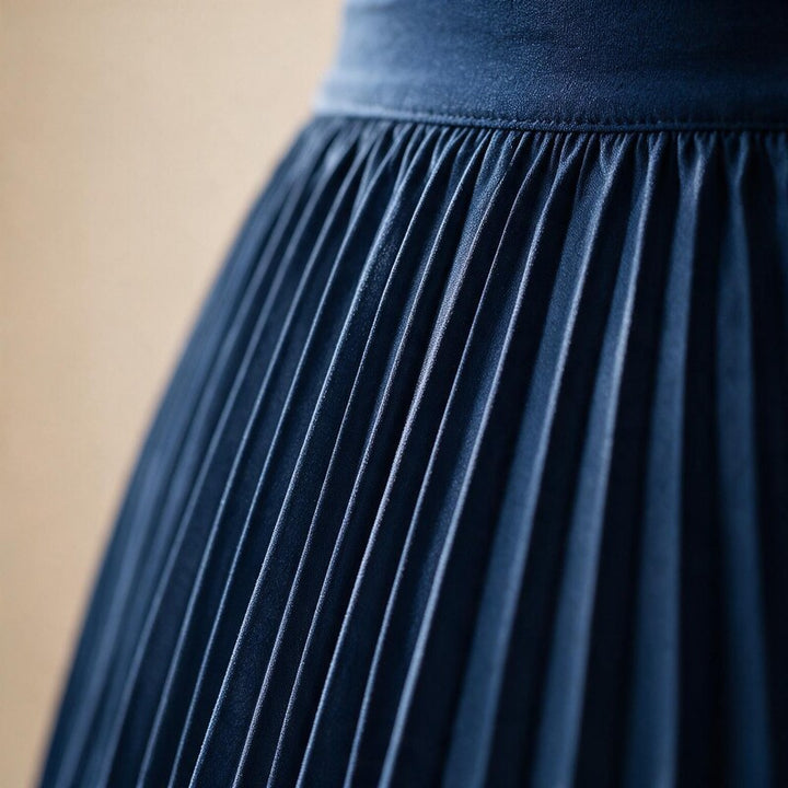 Lucy Melbourne pleated midi skirt in Navy – close-up detail of waistband and pleats